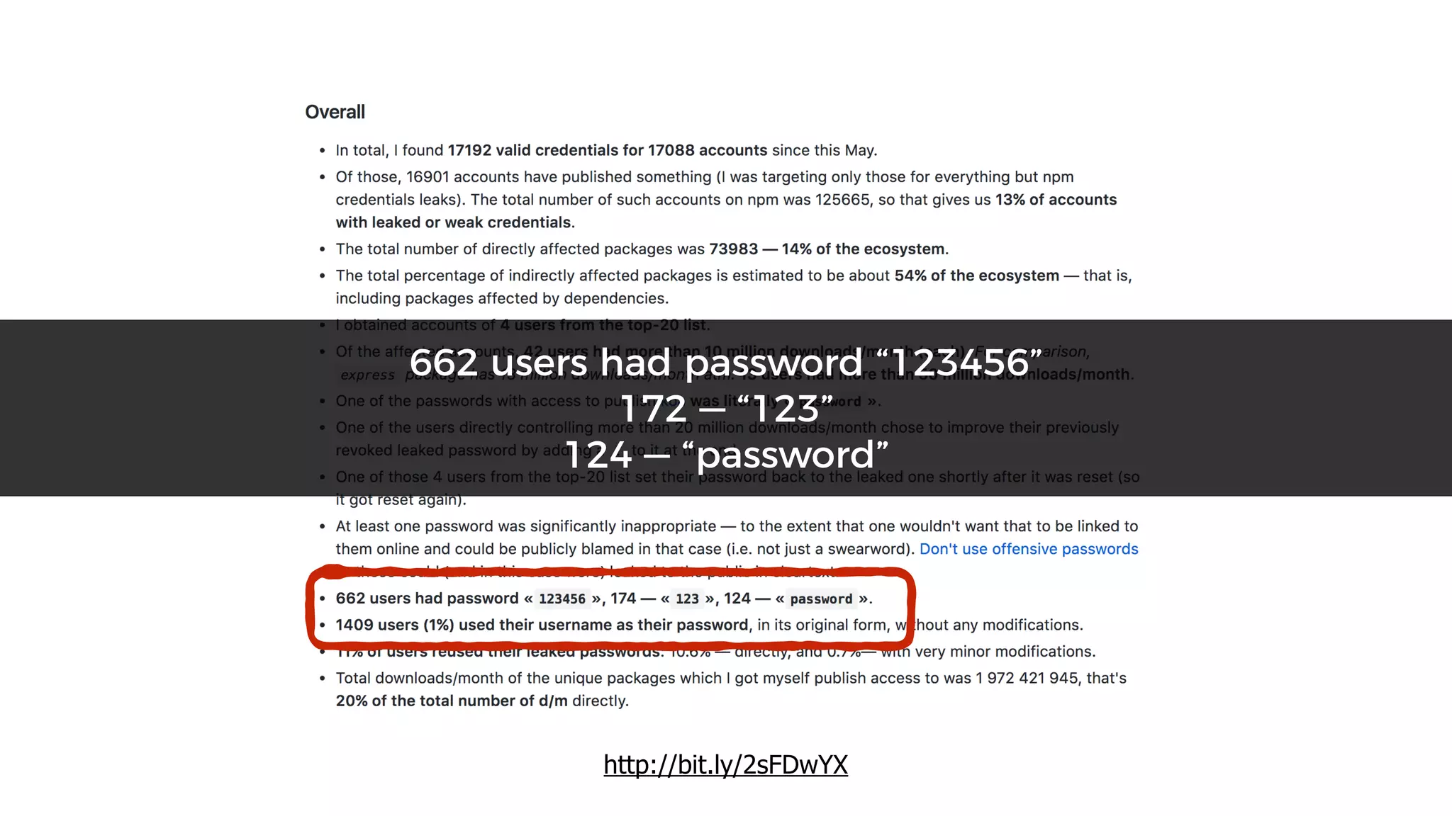 http://bit.ly/2sFDwYX
662 users had password “123456”
172 — “123”
124 — “password”
 