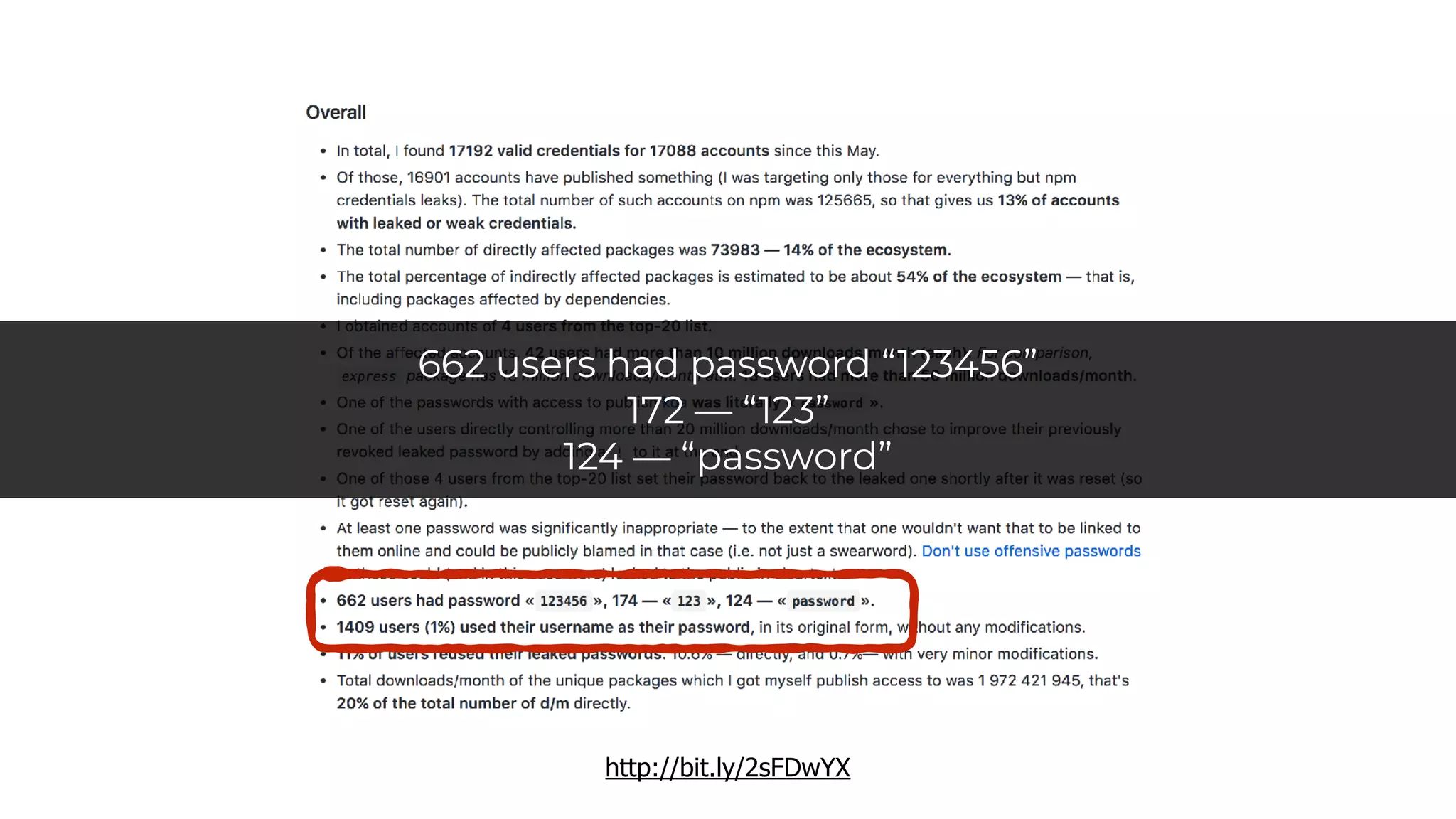 http://bit.ly/2sFDwYX
662 users had password “123456”
172 — “123”
124 — “password”
 