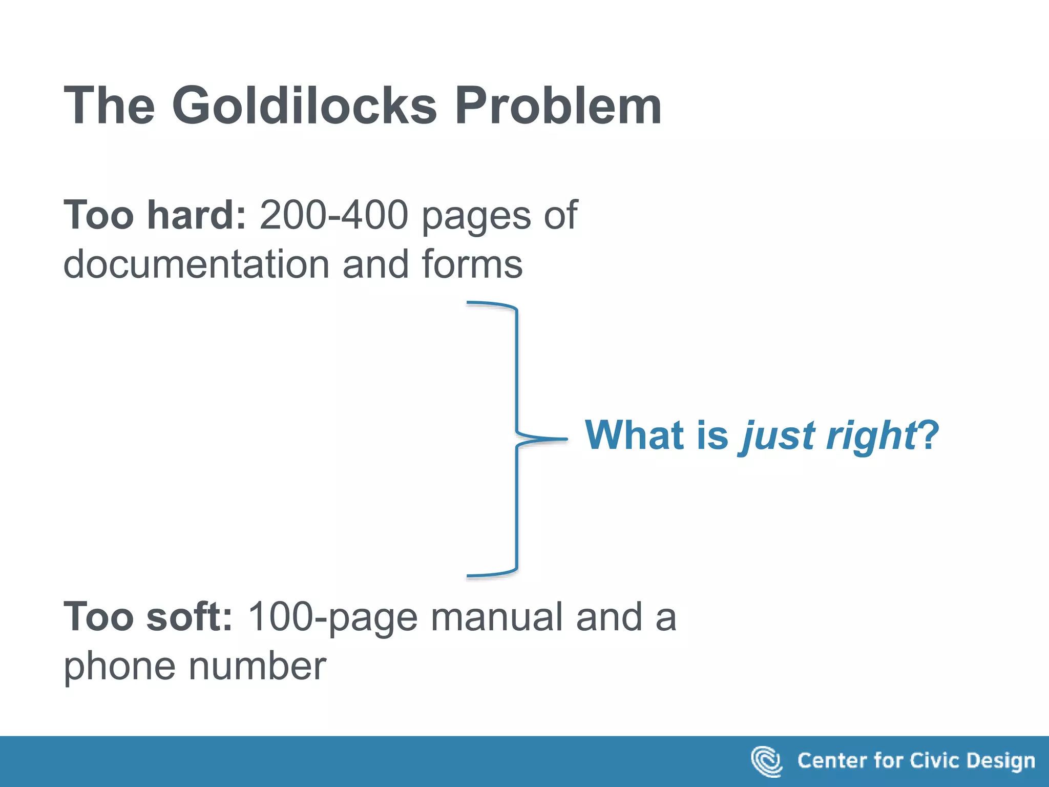 The Goldilocks Problem 
Too hard: 200-400 pages of 
documentation and forms 
What is just right? 
Too soft: 100-page manual and a 
phone number 
 