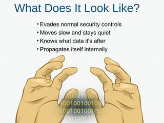 What Does It Look Like?
• Evades normal security controls
• Moves slow and stays quiet
• Knows what data it's after
• Propagates itself internally
 