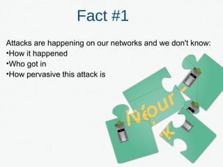 Fact #1
Attacks are happening on our networks and we don't know:
•How it happened
•Who got in
•How pervasive this attack is
 
