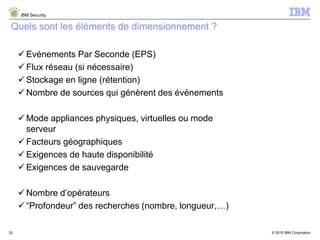 © 2015 IBM Corporation
IBM Security
33
Quels sont les éléments de dimensionnement ?
Evénements Par Seconde (EPS)
Flux réseau (si nécessaire)
Stockage en ligne (rétention)
Nombre de sources qui génèrent des événements
Mode appliances physiques, virtuelles ou mode
serveur
Facteurs géographiques
Exigences de haute disponibilité
Exigences de sauvegarde
Nombre d’opérateurs
“Profondeur” des recherches (nombre, longueur,…)
 