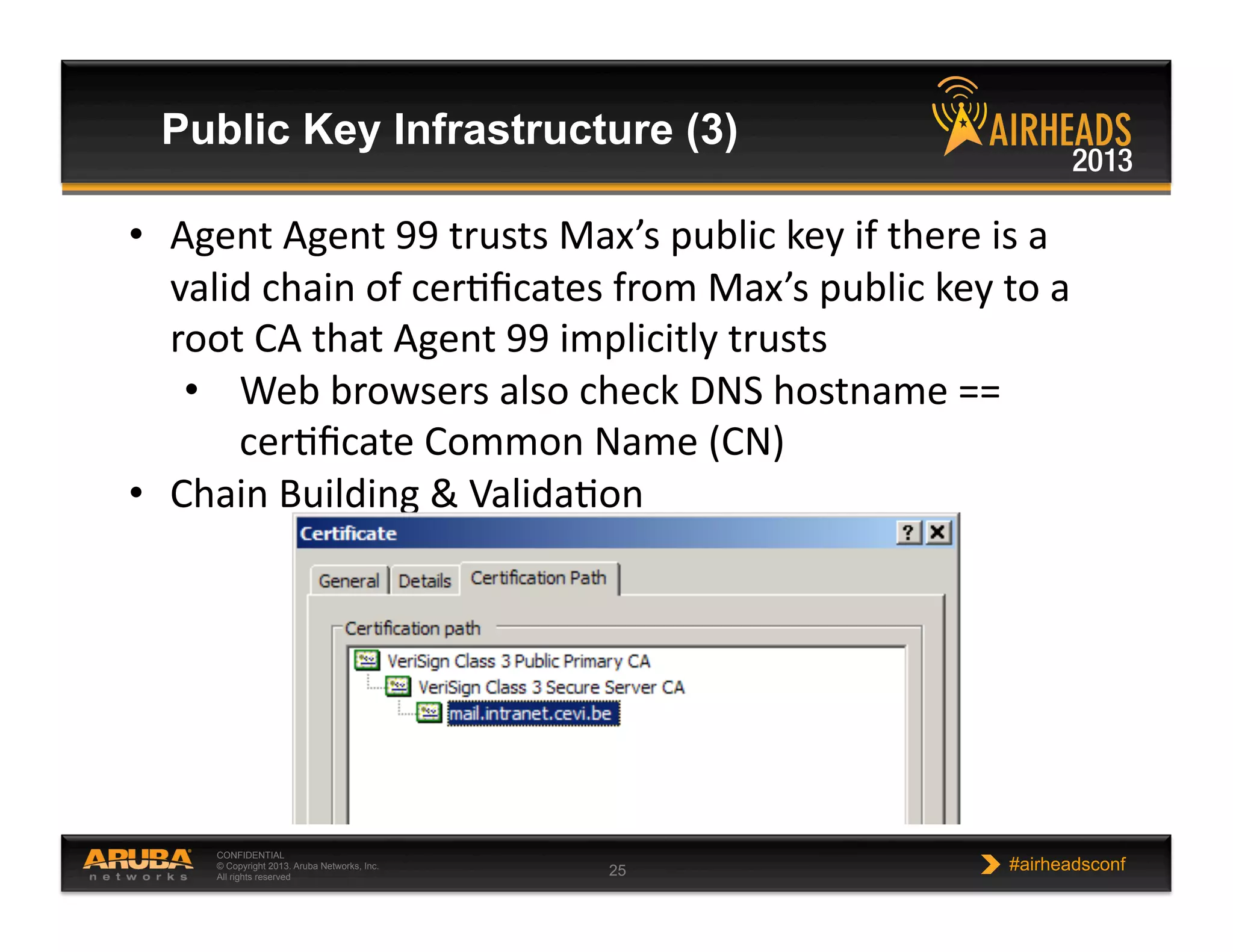 CONFIDENTIAL
© Copyright 2013. Aruba Networks, Inc.
All rights reserved 25 #airheadsconf
Public Key Infrastructure (3)
•  Agent  Agent  99  trusts  Max’s  public  key  if  there  is  a  
valid  chain  of  cerNﬁcates  from  Max’s  public  key  to  a  
root  CA  that  Agent  99  implicitly  trusts  
•  Web  browsers  also  check  DNS  hostname  ==  
cerNﬁcate  Common  Name  (CN)  
•  Chain  Building  &  ValidaNon  
 