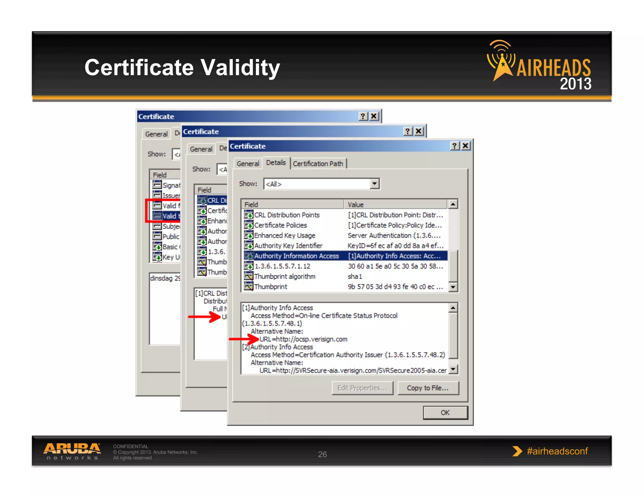 CONFIDENTIAL
© Copyright 2013. Aruba Networks, Inc.
All rights reserved 26 #airheadsconf
Certificate Validity
 