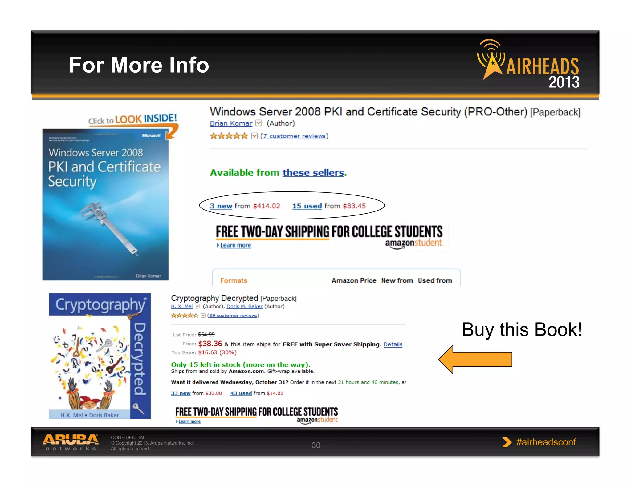 CONFIDENTIAL
© Copyright 2013. Aruba Networks, Inc.
All rights reserved 30 #airheadsconf
For More Info
Buy this Book!
 