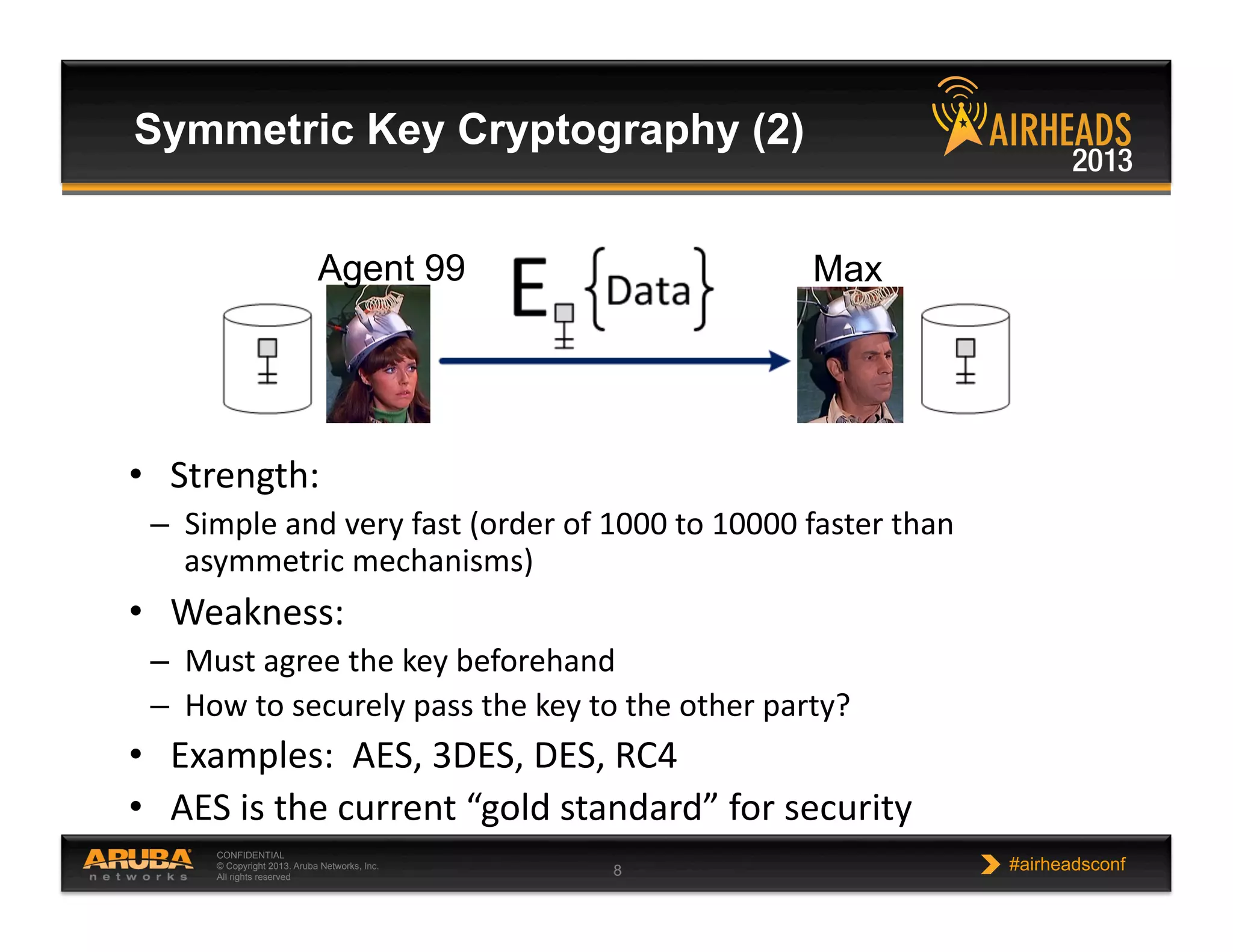 CONFIDENTIAL
© Copyright 2013. Aruba Networks, Inc.
All rights reserved 8 #airheadsconf
Symmetric Key Cryptography (2)
•  Strength:  
–  Simple  and  very  fast  (order  of  1000  to  10000  faster  than  
asymmetric  mechanisms)  
•  Weakness:  
–  Must  agree  the  key  beforehand  
–  How  to  securely  pass  the  key  to  the  other  party?  
•  Examples:    AES,  3DES,  DES,  RC4  
•  AES  is  the  current  “gold  standard”  for  security  
Agent 99 Max
 