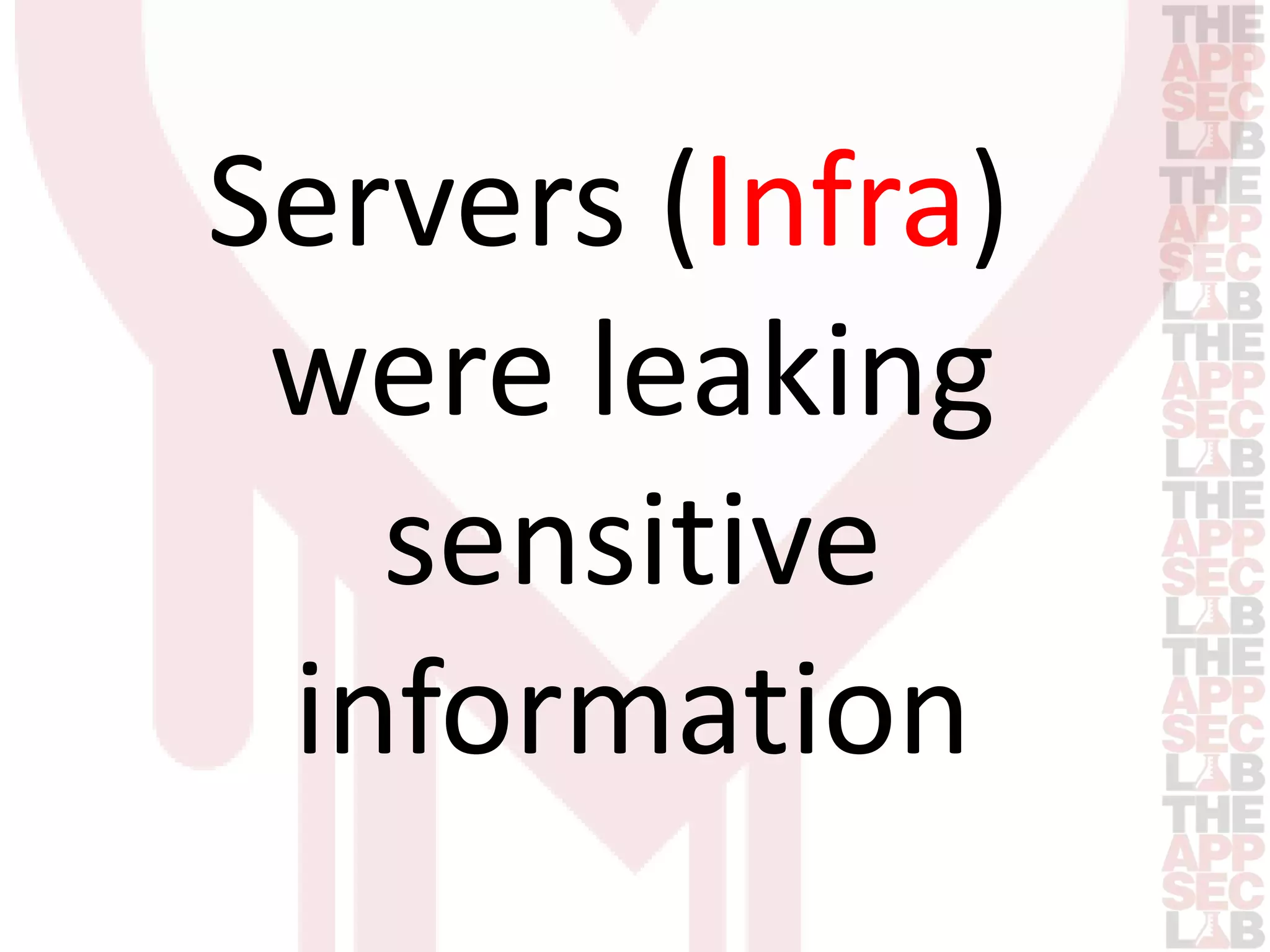 Servers (Infra) 
were leaking 
sensitive 
information 
 