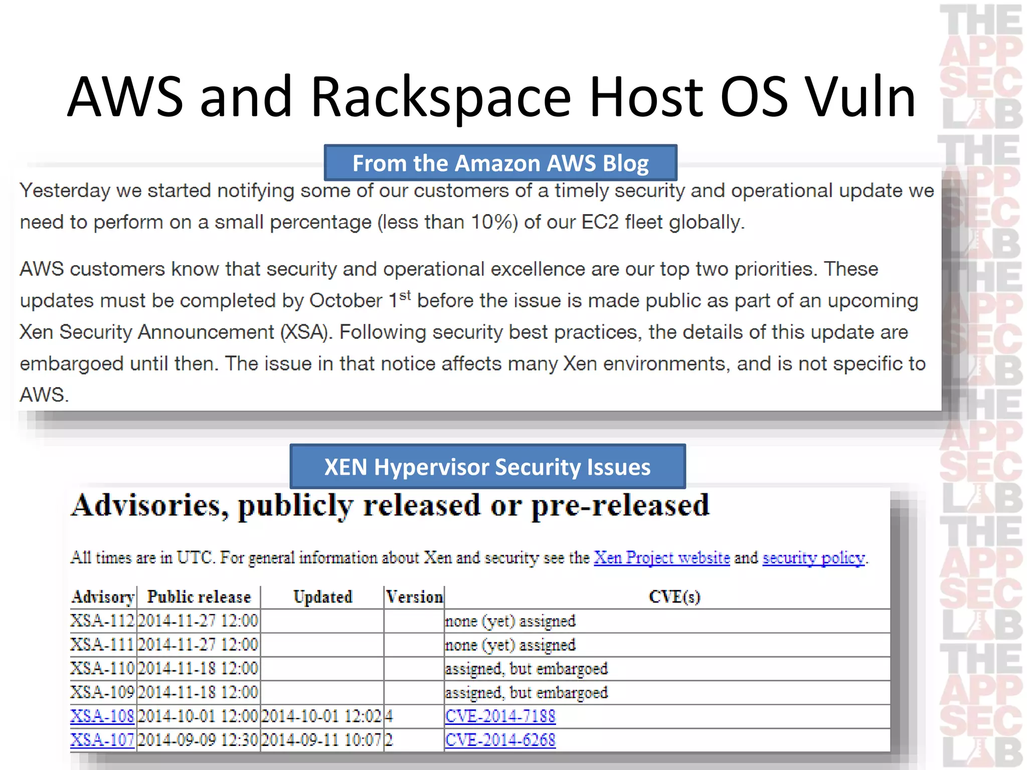 AWS and Rackspace Host OS Vuln 
From the Amazon AWS Blog 
XEN Hypervisor Security Issues 
 