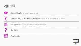 Agenda
Trusted Cloud (What Microsoft Does for You)
Azure Security and Identity Capabilities (What You Can Do to Secure a C...