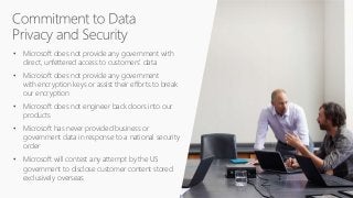 • Microsoft does not provide any government with
direct, unfettered access to customers’ data
• Microsoft does not provide...