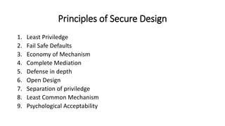 Principles of Secure Design
1. Least Priviledge
2. Fail Safe Defaults
3. Economy of Mechanism
4. Complete Mediation
5. Defense in depth
6. Open Design
7. Separation of priviledge
8. Least Common Mechanism
9. Psychological Acceptability
 