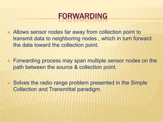 forwardingAllows sensor nodes far away from collection point to transmit data to neighboring nodes , which in turn forward the data toward the collection point.Forwarding process may span multiple sensor nodes on the path between the source & collection point.Solves the radio range problem presented in the Simple Collection and Transmittal paradigm.