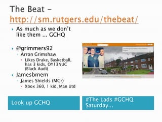 

As much as we don’t
like them ... GCHQ



@grimmers92

◦ Arron Grimshaw
 Likes Drake, Basketball,
has 3 kids, OY13NUC
(Black Audi)



Jamesbmem

◦ James Shields (MCr)
 Xbox 360, 1 kid, Man Utd

Look up GCHQ

#The Lads #GCHQ
Saturday...

 