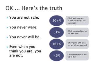 

You are not safe.



You never were.

50+%

•Of all web apps are
(Cross Site Script) XSS
vulnerable

31%




•Of all vulnerabilities are
for web apps

46+%

•Of 3rd party CMS plugins are left un-patched

<6%

•Of Android devices are
up to date

You never will be.
Even when you
think you are, you
are not.

 