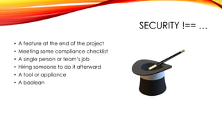 SECURITY !== …
• A feature at the end of the project
• Meeting some compliance checklist
• A single person or team’s job
• Hiring someone to do it afterward
• A tool or appliance
• A boolean
 