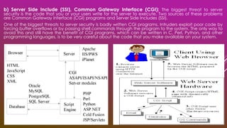 b) Server Side Include (SSI), Common Gateway Interface (CGI): The biggest threat to server
security is the code that you or your users write for the server to execute. Two sources of these problems
are Common Gateway Interface (CGI) programs and Server Side Includes (SSI).
One of the biggest threats to server security is badly written CGI programs. Intruders exploit poor code by
forcing buffer overflows or by passing shell commands through the program to the system. The only way to
avoid this and still have the benefit of CGI programs, which can be written in C, Perl, Python, and other
programming languages, is to be very careful about the code that you make available on your system.
 