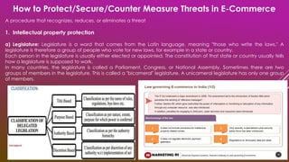 How to Protect/Secure/Counter Measure Threats in E-Commerce
A procedure that recognizes, reduces, or eliminates a threat
1. Intellectual property protection
a) Legislature: Legislature is a word that comes from the Latin language, meaning "those who write the laws." A
legislature is therefore a group of people who vote for new laws, for example in a state or country.
Each person in the legislature is usually either elected or appointed. The constitution of that state or country usually tells
how a legislature is supposed to work.
In many countries, the legislature is called a Parliament, Congress, or National Assembly. Sometimes there are two
groups of members in the legislature. This is called a "bicameral" legislature. A unicameral legislature has only one group
of members.
 