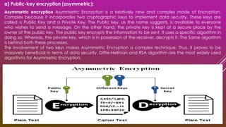 a) Public-key encryption (asymmetric):
Asymmetric encryption Asymmetric Encryption is a relatively new and complex mode of Encryption.
Complex because it incorporates two cryptographic keys to implement data security. These keys are
called a Public Key and a Private Key. The Public key, as the name suggests, is available to everyone
who wishes to send a message. On the other hand, the private key is kept at a secure place by the
owner of the public key. The public key encrypts the information to be sent. It uses a specific algorithm in
doing so. Whereas, the private key, which is in possession of the receiver, decrypts it. The Same algorithm
is behind both these processes.
The involvement of two keys makes Asymmetric Encryption a complex technique. Thus, it proves to be
massively beneficial in terms of data security. Diffie-Hellman and RSA algorithm are the most widely used
algorithms for Asymmetric Encryption.
 