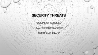 SECURITY THREATS
DENIAL OF SERVICES
UNAUTHORIZED ACCESS
THEFTAND FRAUD
 