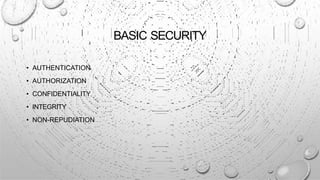 BASIC SECURITY
• AUTHENTICATION
• AUTHORIZATION
• CONFIDENTIALITY
• INTEGRITY
• NON-REPUDIATION
 