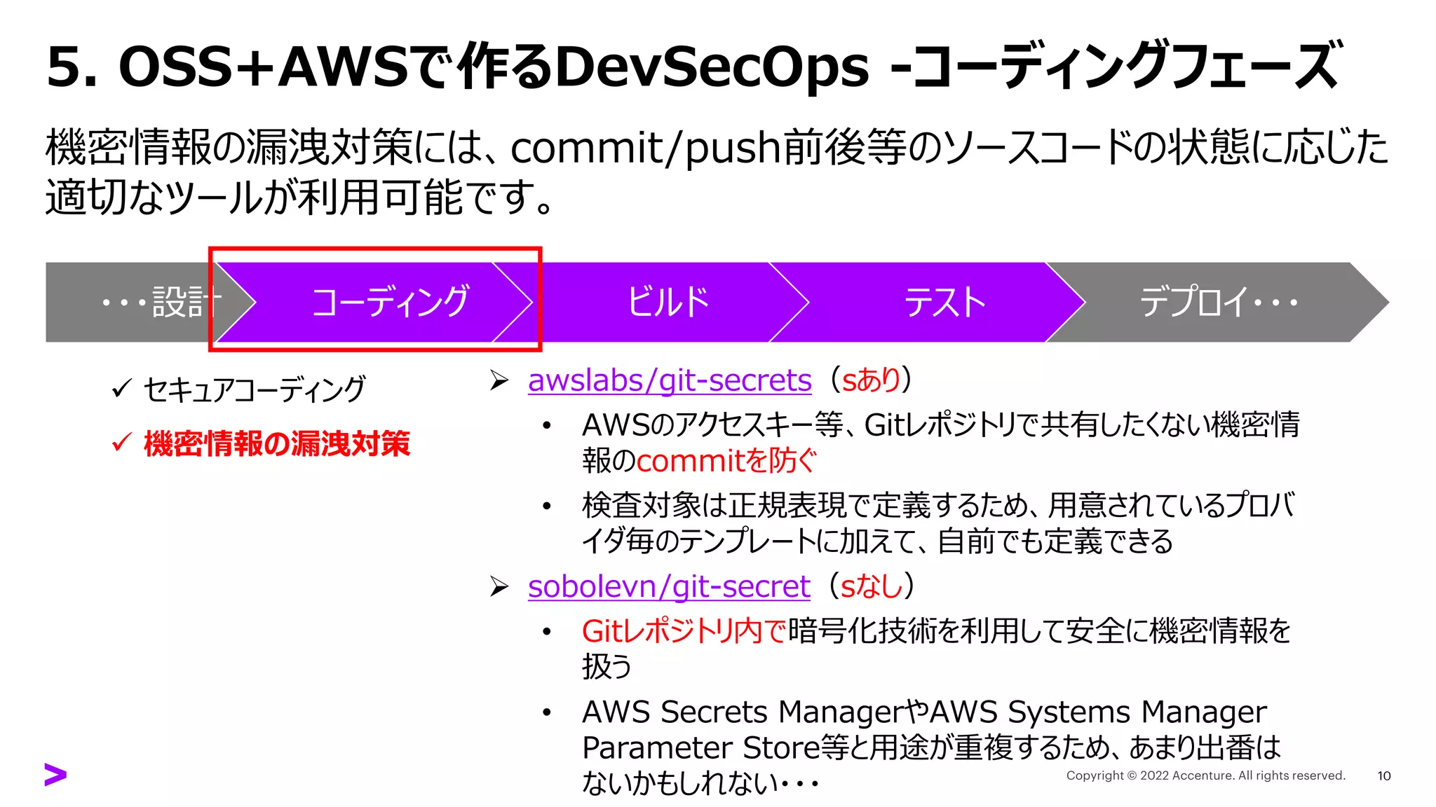 5. OSS+AWSで作るDevSecOps -コーディングフェーズ
機密情報の漏洩対策には、commit/push前後等のソースコードの状態に応じた
適切なツールが利用可能です。
10
➢ awslabs/git-secrets（sあり）
• AWSのアクセスキー等、Gitレポジトリで共有したくない機密情
報のcommitを防ぐ
• 検査対象は正規表現で定義するため、用意されているプロバ
イダ毎のテンプレートに加えて、自前でも定義できる
➢ sobolevn/git-secret（sなし）
• Gitレポジトリ内で暗号化技術を利用して安全に機密情報を
扱う
• AWS Secrets ManagerやAWS Systems Manager
Parameter Store等と用途が重複するため、あまり出番は
ないかもしれない・・・
・・・設計 コーディング ビルド テスト デプロイ・・・
✓ セキュアコーディング
✓ 機密情報の漏洩対策
 