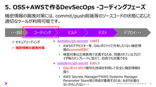 5. OSS+AWSで作るDevSecOps -コーディングフェーズ
機密情報の漏洩対策には、commit/push前後等のソースコードの状態に応じた
適切なツールが利用可能です。
10
➢ awslabs/git-secrets（sあり）
• AWSのアクセスキー等、Gitレポジトリで共有したくない機密情
報のcommitを防ぐ
• 検査対象は正規表現で定義するため、用意されているプロバ
イダ毎のテンプレートに加えて、自前でも定義できる
➢ sobolevn/git-secret（sなし）
• Gitレポジトリ内で暗号化技術を利用して安全に機密情報を
扱う
• AWS Secrets ManagerやAWS Systems Manager
Parameter Store等と用途が重複するため、あまり出番は
ないかもしれない・・・
・・・設計 コーディング ビルド テスト デプロイ・・・
✓ セキュアコーディング
✓ 機密情報の漏洩対策
 