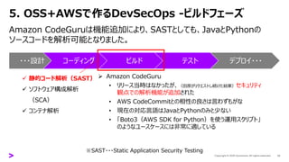 5. OSS+AWSで作るDevSecOps -ビルドフェーズ
Amazon CodeGuruは機能追加により、SASTとしても、JavaとPythonの
ソースコードを解析可能となりました。
13
・・・設計 コーディング ビルド テスト デプロイ・・・
✓ 静的コード解析（SAST）
✓ ソフトウェア構成解析
（SCA）
✓ コンテナ解析
➢ Amazon CodeGuru
• リリース当時はなかったが、（田原がリクエストし続けた結果）セキュリティ
観点での解析機能が追加された
• AWS CodeCommitとの相性の良さは言わずもがな
• 現在の対応言語はJavaとPythonのみと少ない
• 「Boto3（AWS SDK for Python）を使う運用スクリプト」
のようなユースケースには非常に適している
※SAST・・・Static Application Security Testing
 