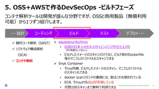 5. OSS+AWSで作るDevSecOps -ビルドフェーズ
コンテナ解析ツールは開発が盛んな分野ですが、OSSと商用製品（無償利用
可能）から1つずつ紹介します。
17
・・・設計 コーディング ビルド テスト デプロイ・・・
✓ 静的コード解析（SAST）
✓ ソフトウェア構成解析
（SCA）
✓ コンテナ解析
➢ aquasecurity/trivy
• 伝説の日本人のセキュリティエンジニアが立ち上げた
（早く映画化してほしい）
• ビルドしたイメージのスキャンだけでなく、ビルド前のDockerfile
等のマニフェストファイルもスキャンできる
➢ Snyk Container
• Trivy同様、ビルドしたイメージのスキャン、マニフェストファイル
のスキャンもできる
• docker scanコマンドの裏側には、実はこれも使われている
• ECR、TrivyよりもGUIが充実している
• 月間100スキャンまで無料で利用できる
 