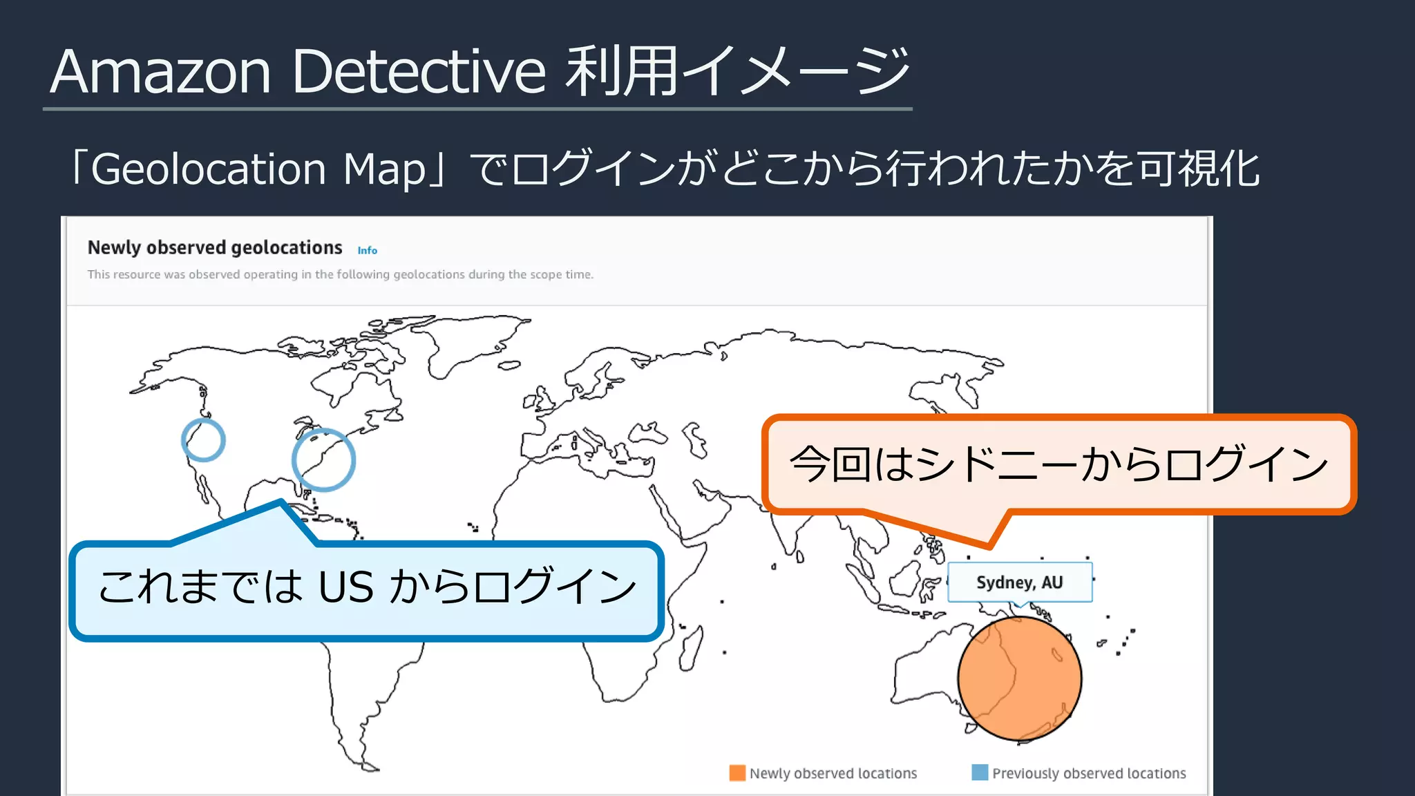 Amazon Detective 利用イメージ
「Geolocation Map」でログインがどこから行われたかを可視化
これまでは US からログイン
今回はシドニーからログイン
 