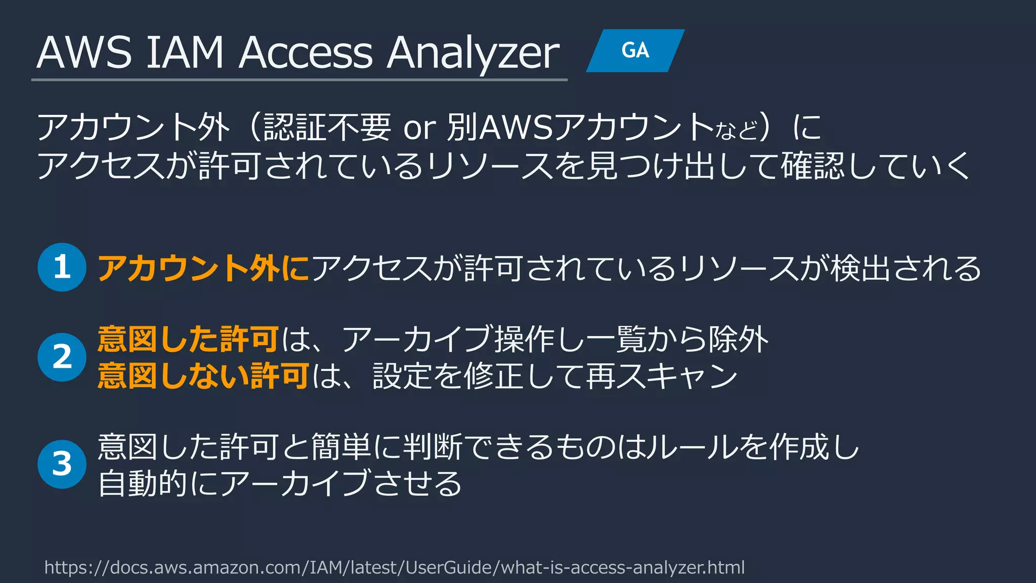 AWS IAM Access Analyzer
アカウント外（認証不要 or 別AWSアカウントなど）に
アクセスが許可されているリソースを見つけ出して確認していく
• アカウント外にアクセスが許可されているリソースが検出される
• 意図した許可は、アーカイブ操作し一覧から除外
意図しない許可は、設定を修正して再スキャン
• 意図した許可と簡単に判断できるものはルールを作成し
自動的にアーカイブさせる
https://docs.aws.amazon.com/IAM/latest/UserGuide/what-is-access-analyzer.html
 