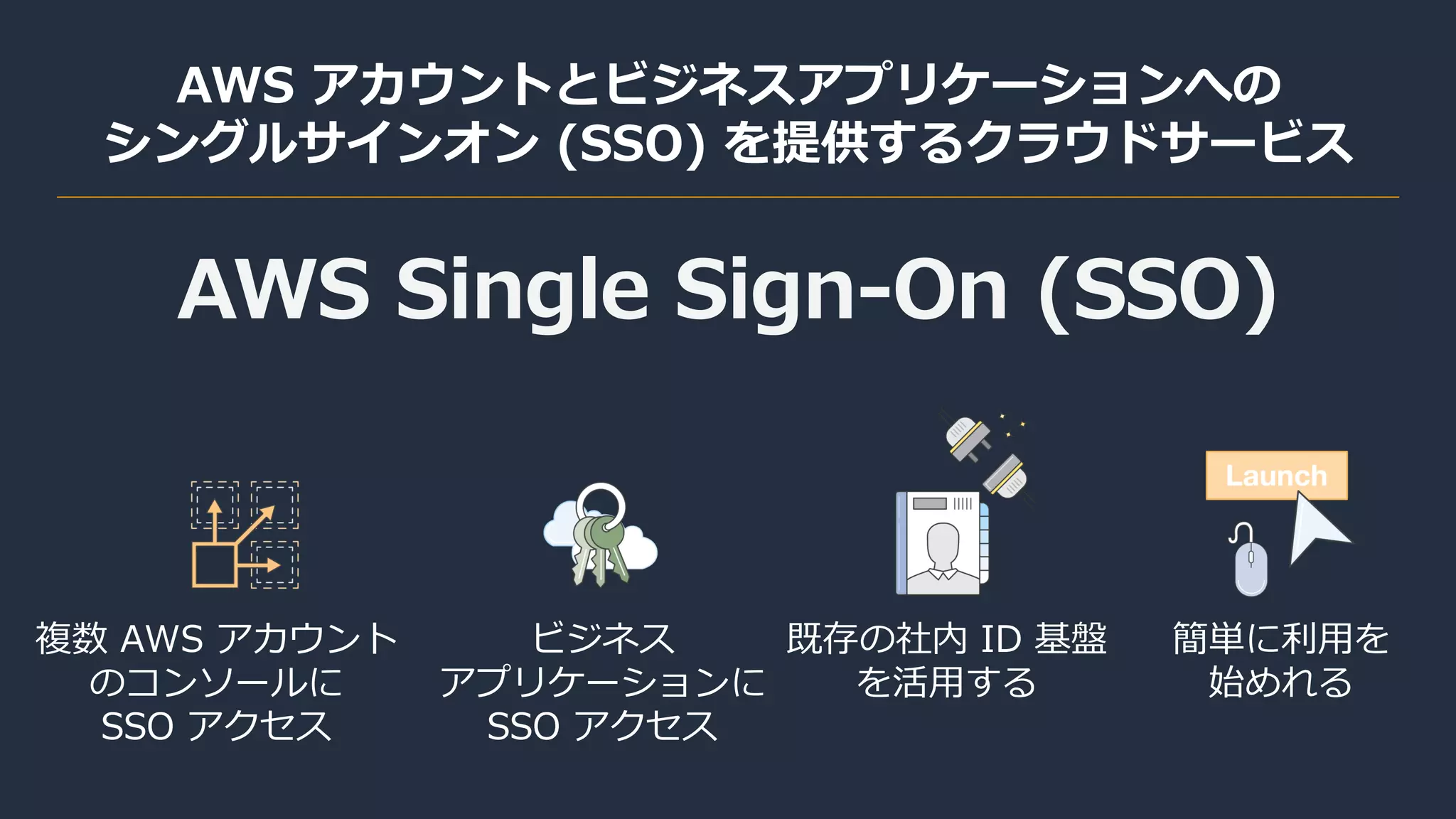 AWS Single Sign-On (SSO)
AWS アカウントとビジネスアプリケーションへの
シングルサインオン (SSO) を提供するクラウドサービス
複数 AWS アカウント
のコンソールに
SSO アクセス
簡単に利用を
始めれる
既存の社内 ID 基盤
を活用する
ビジネス
アプリケーションに
SSO アクセス
 
