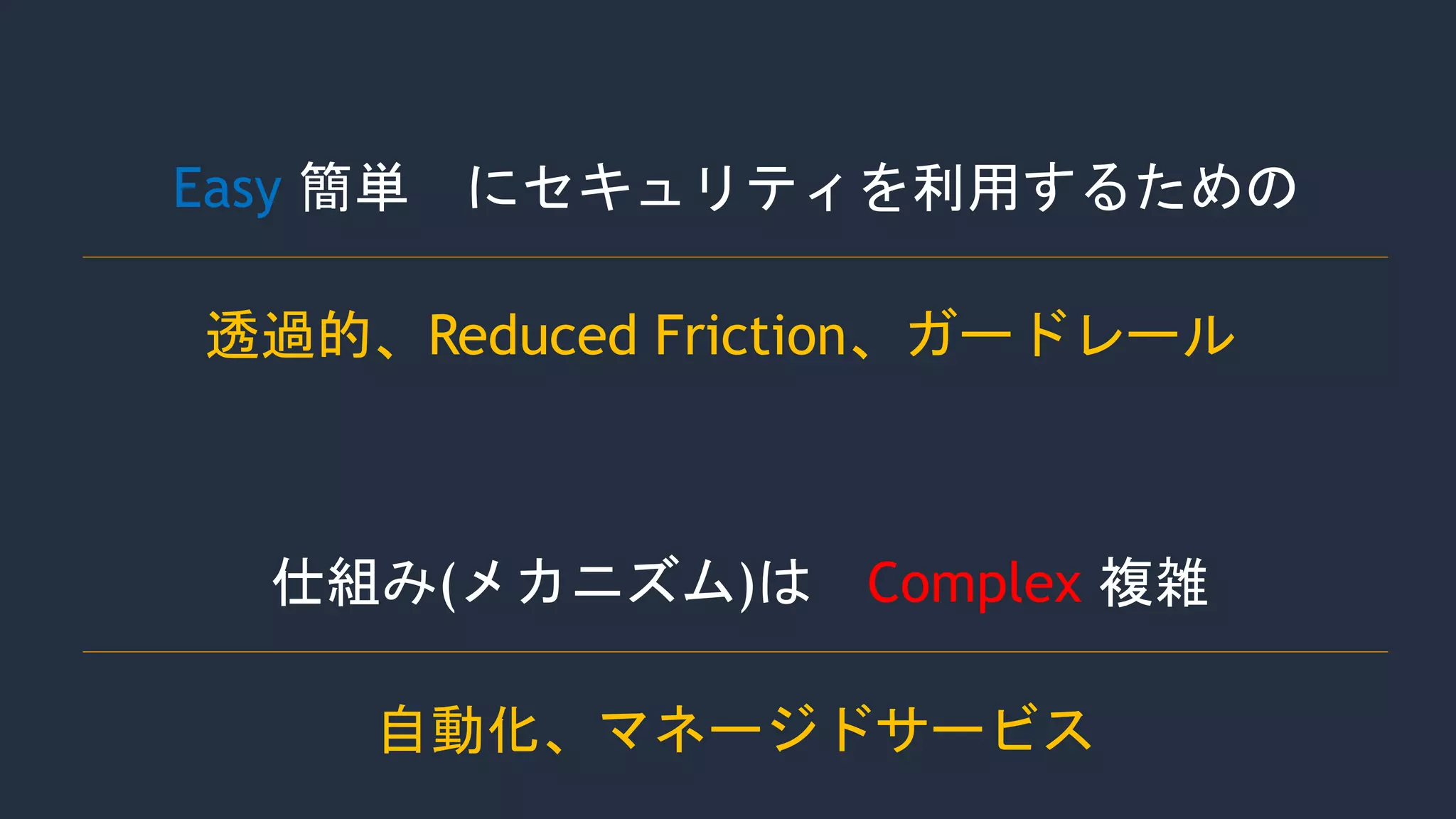 Easy
Complex
自動化、マネージドサービス
透過的、Reduced Friction、ガードレール
 