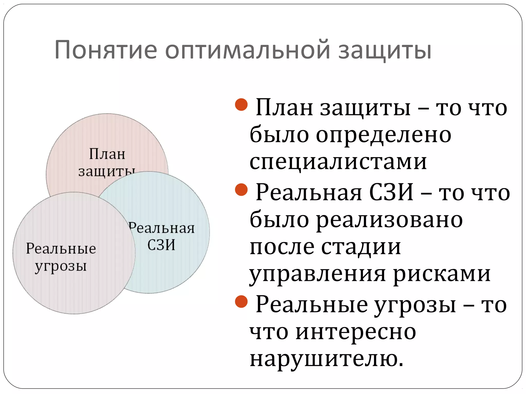 Понятие оптимальной защиты
План защиты – то что
было определено
специалистами
Реальная СЗИ – то что
было реализовано
после стадии
управления рисками
Реальные угрозы – то
что интересно
нарушителю.
 