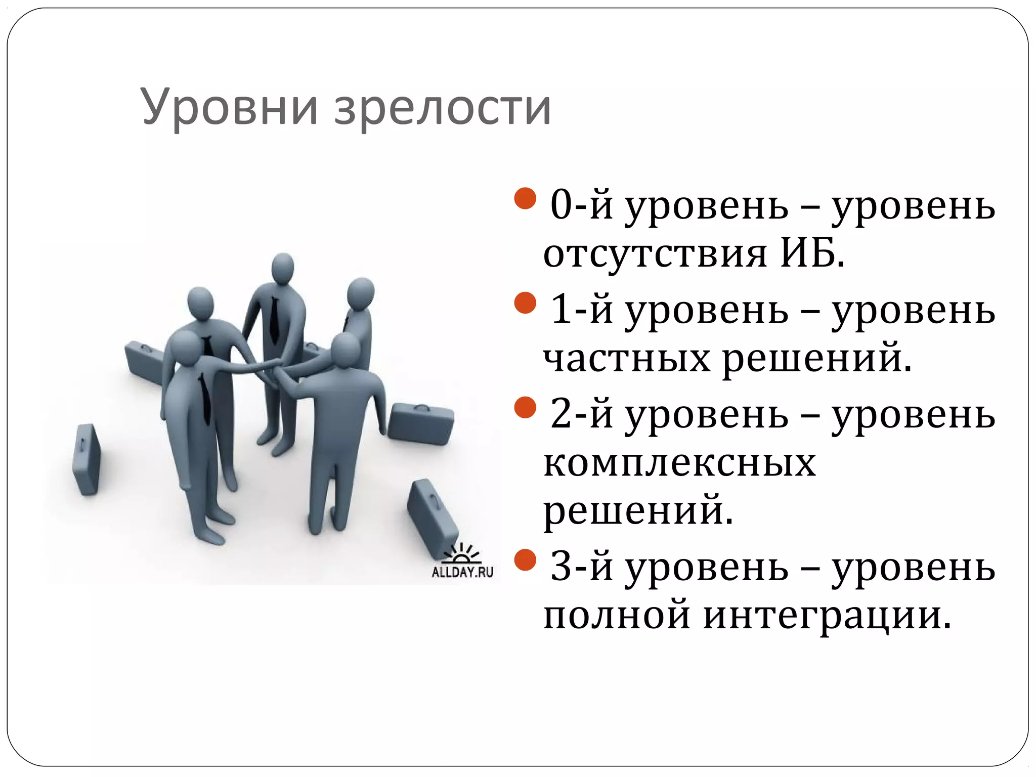 Уровни зрелости
0-й уровень – уровень
отсутствия ИБ.
1-й уровень – уровень
частных решений.
2-й уровень – уровень
комплексных
решений.
3-й уровень – уровень
полной интеграции.
 