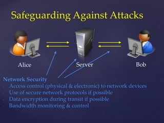 Alice
Safeguarding Against Attacks
Server Bob
Network Security
- Access control (physical & electronic) to network devices
- Use of secure network protocols if possible
- Data encryption during transit if possible
- Bandwidth monitoring & control
 