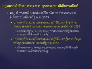  พรฎ.กาหนดหลักเกณฑ์และวิธีการในการทาธุรกรรมทาง
อิเล็กทรอนิกส์ภาครัฐ พ.ศ. 2549
 ประกาศ เรื่อง แนวนโยบายและแนวปฏิบัติในการรักษาความ
มั่นคงปลอดภัยด้านสารสนเทศของหน่วยงานของรัฐ พ.ศ. 2553
 กาหนดมาตรฐาน Security Policy ของหน่วยงานของรัฐที่มีการทา
ธุรกรรมทางอิเล็กทรอนิกส์ภาครัฐ
 ประกาศ เรื่อง แนวนโยบายและแนวปฏิบัติในการคุ้มครองข้อมูล
ส่วนบุคคลของหน่วยงานของรัฐ พ.ศ. 2553
 กาหนดมาตรฐาน Privacy Policy ของหน่วยงานของรัฐที่มีการทา
ธุรกรรมทางอิเล็กทรอนิกส์ภาครัฐ
กฎหมายลาดับรองของ พรบ.ธุรกรรมทางอิเล็กทรอนิกส์
 