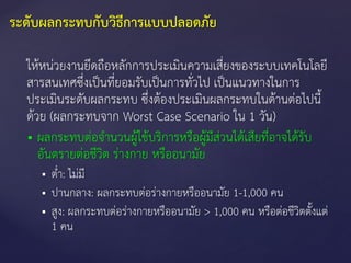ให้หน่วยงานยึดถือหลักการประเมินความเสี่ยงของระบบเทคโนโลยี
สารสนเทศซึ่งเป็นที่ยอมรับเป็นการทั่วไป เป็นแนวทางในการ
ประเมินระดับผลกระทบ ซึ่งต้องประเมินผลกระทบในด้านต่อไปนี้
ด้วย (ผลกระทบจาก Worst Case Scenario ใน 1 วัน)
 ผลกระทบต่อจานวนผู้ใช้บริการหรือผู้มีส่วนได้เสียที่อาจได้รับ
อันตรายต่อชีวิต ร่างกาย หรืออนามัย
 ต่า: ไม่มี
 ปานกลาง: ผลกระทบต่อร่างกายหรืออนามัย 1-1,000 คน
 สูง: ผลกระทบต่อร่างกายหรืออนามัย > 1,000 คน หรือต่อชีวิตตั้งแต่
1 คน
ระดับผลกระทบกับวิธีการแบบปลอดภัย
 