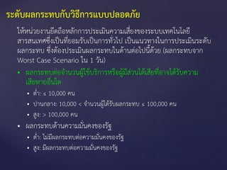 ให้หน่วยงานยึดถือหลักการประเมินความเสี่ยงของระบบเทคโนโลยี
สารสนเทศซึ่งเป็นที่ยอมรับเป็นการทั่วไป เป็นแนวทางในการประเมินระดับ
ผลกระทบ ซึ่งต้องประเมินผลกระทบในด้านต่อไปนี้ด้วย (ผลกระทบจาก
Worst Case Scenario ใน 1 วัน)
 ผลกระทบต่อจานวนผู้ใช้บริการหรือผู้มีส่วนได้เสียที่อาจได้รับความ
เสียหายอื่นใด
 ต่า: ≤ 10,000 คน
 ปานกลาง: 10,000 < จานวนผู้ได้รับผลกระทบ ≤ 100,000 คน
 สูง: > 100,000 คน
 ผลกระทบด้านความมั่นคงของรัฐ
 ต่า: ไม่มีผลกระทบต่อความมั่นคงของรัฐ
 สูง: มีผลกระทบต่อความมั่นคงของรัฐ
ระดับผลกระทบกับวิธีการแบบปลอดภัย
 