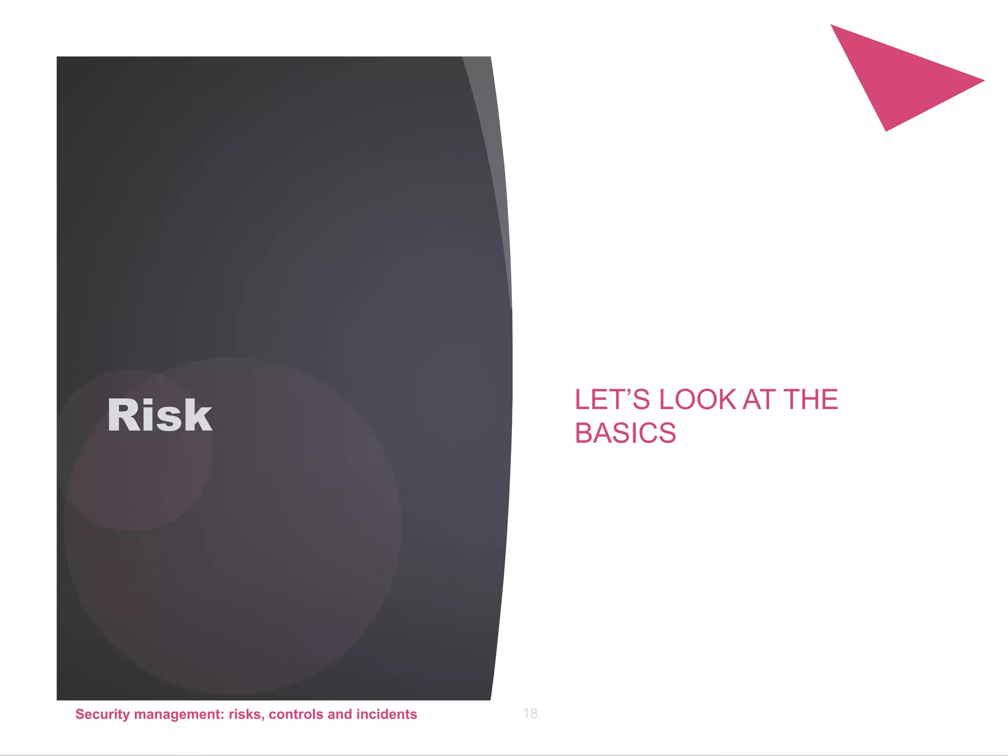 Risk LET’S LOOK AT THE
BASICS
Security management: risks, controls and incidents 18
 