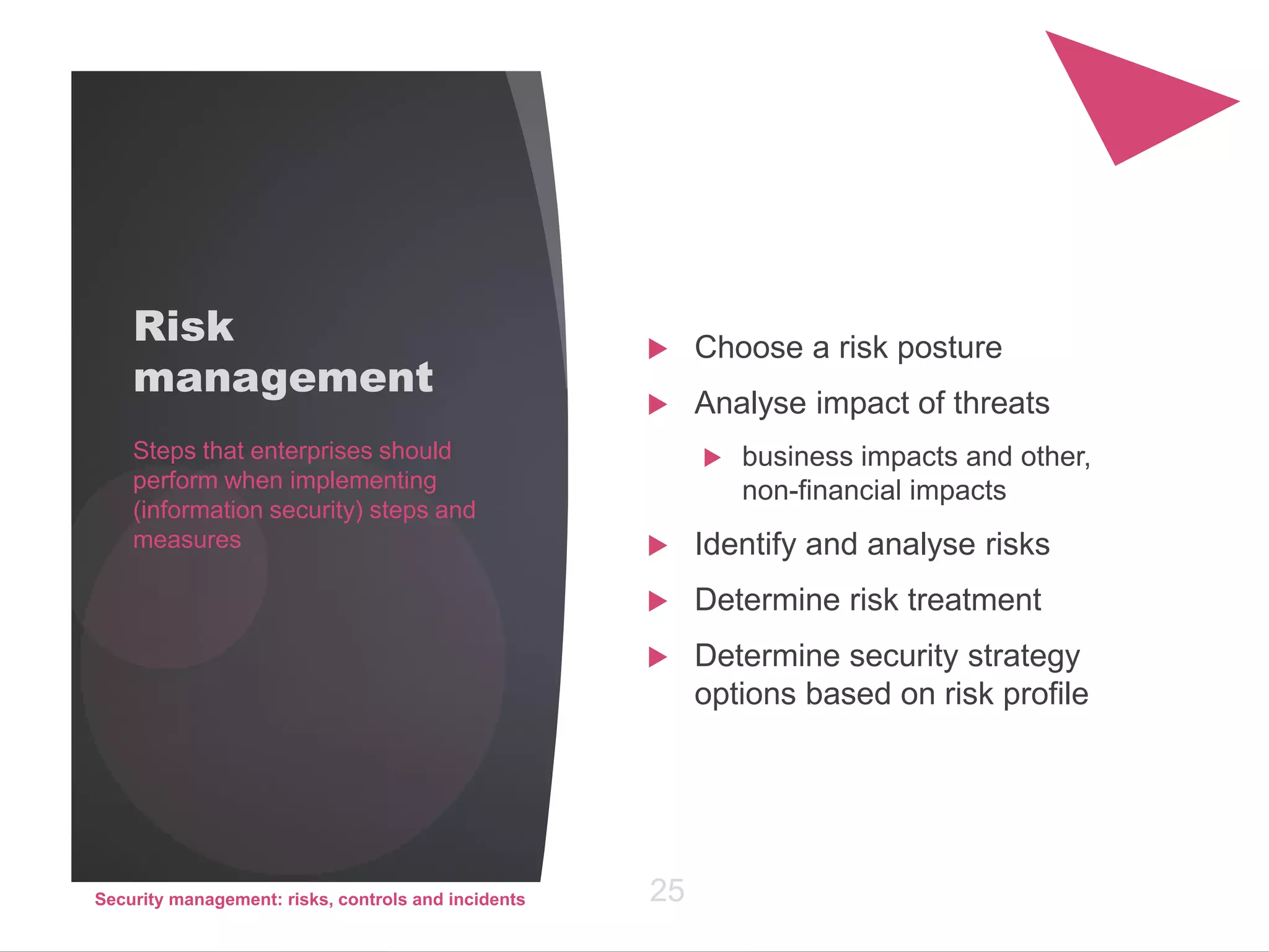 Risk
management
 Choose a risk posture
 Analyse impact of threats
 business impacts and other,
non-financial impacts
 Identify and analyse risks
 Determine risk treatment
 Determine security strategy
options based on risk profile
Steps that enterprises should
perform when implementing
(information security) steps and
measures
Security management: risks, controls and incidents 25
 