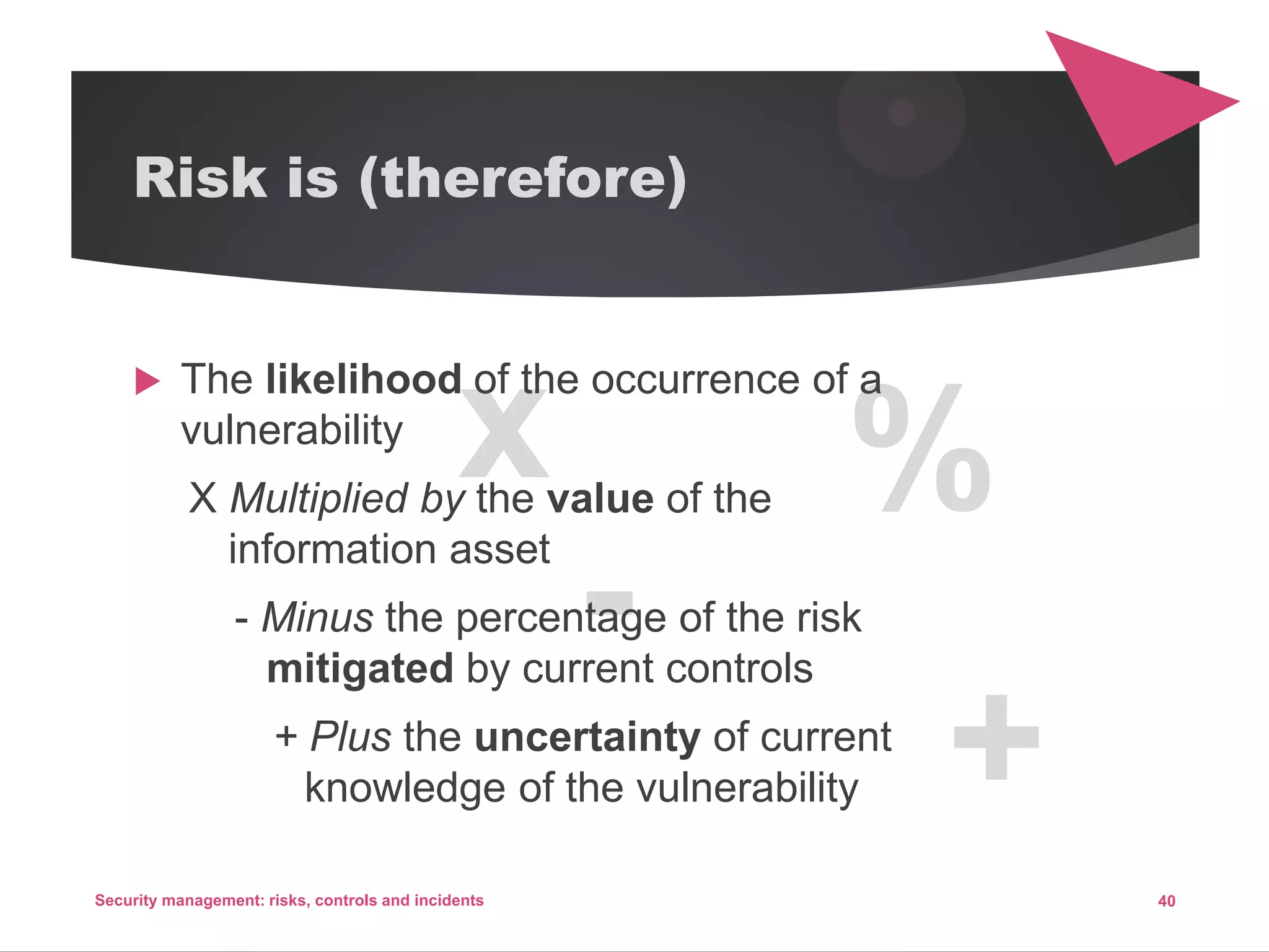 x
-
+
%
Risk is (therefore)
40Security management: risks, controls and incidents
 The likelihood of the occurrence of a
vulnerability
X Multiplied by the value of the
information asset
- Minus the percentage of the risk
mitigated by current controls
+ Plus the uncertainty of current
knowledge of the vulnerability
 