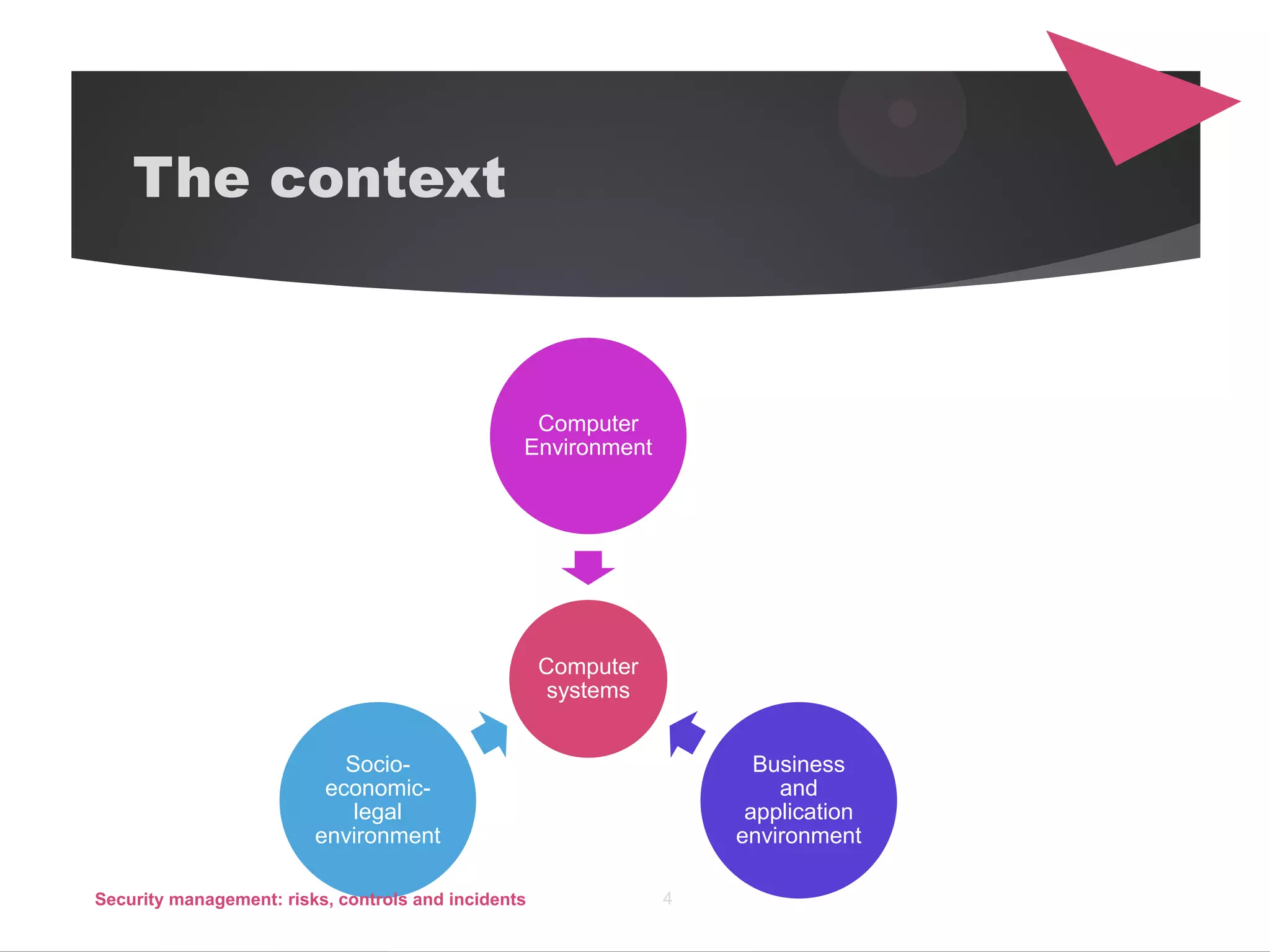 The context
Computer
systems
Computer
Environment
Business
and
application
environment
Socio-
economic-
legal
environment
Security management: risks, controls and incidents 4
 