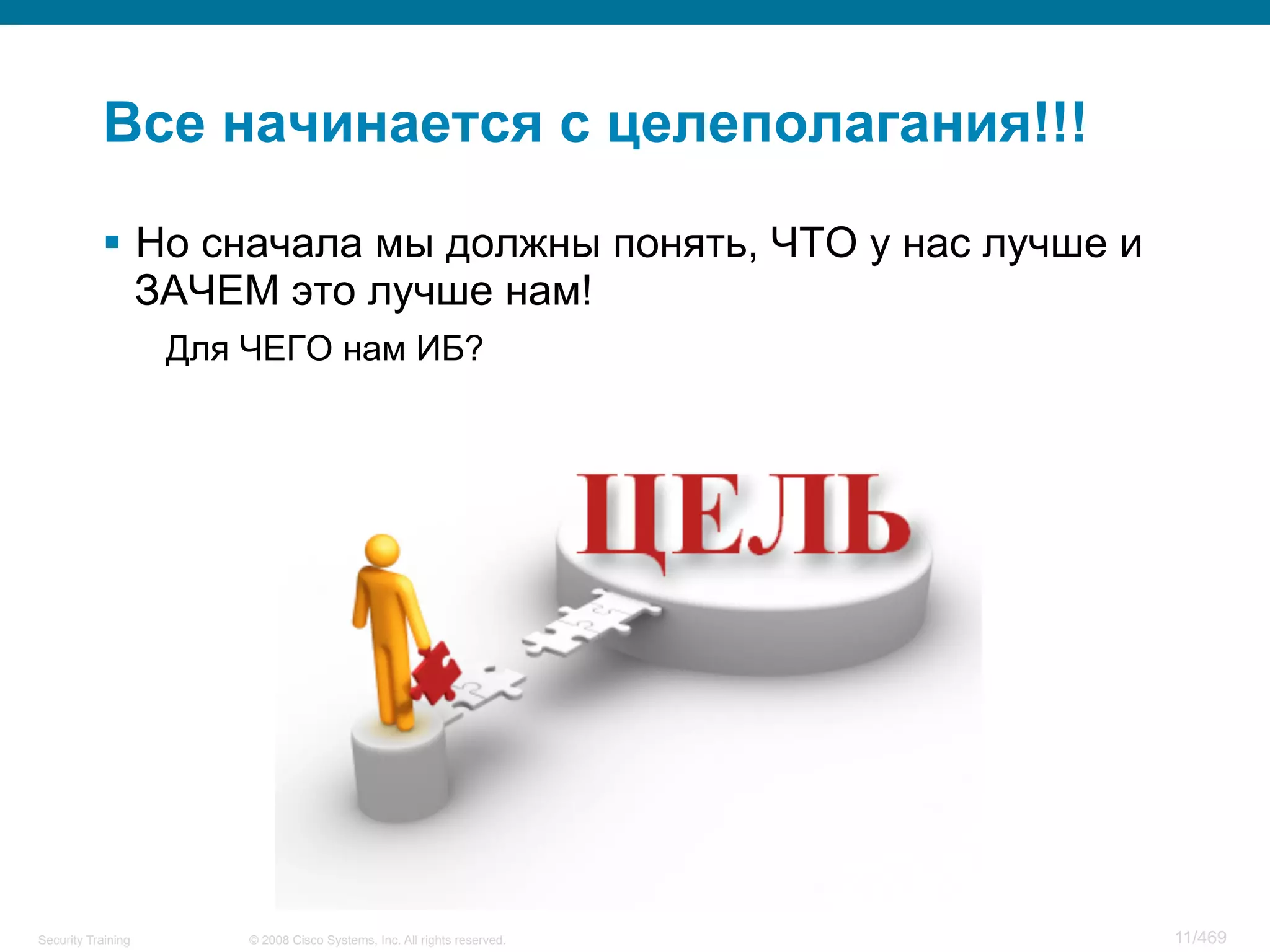 © 2008 Cisco Systems, Inc. All rights reserved.Security Training 11/469
Все начинается с целеполагания!!!
§  Но сначала мы должны понять, ЧТО у нас лучше и
ЗАЧЕМ это лучше нам!
Для ЧЕГО нам ИБ?
 