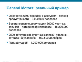 © 2008 Cisco Systems, Inc. All rights reserved.Security Training 102/469
General Motors: реальный пример
§  Обработка 6600 проблем с доступом – потеря
продуктивности – 3,000,000 долларов
§  Восстановление доступа для 56000 учетных
записей – потеря продуктивности – 18,200,000
долларов
§  2500 сотрудников (учетных записей) уволено –
затраты на удаление – 162,500 долларов
§  Прямой ущерб – 1,200,000 долларов
 