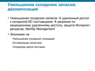 © 2008 Cisco Systems, Inc. All rights reserved.Security Training 20/469
Уменьшение складских запасов:
декомпозиция
§  Уменьшение складских запасов à удаленный доступ
к складской ИС поставщиков à решение по
защищенному удаленному доступу, защита Интернет-
ресурсов, Identity Management
§  Экономия на:
Уменьшение складских площадей
Оптимизация логистики
Ускорение цикла поставки
 