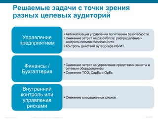 © 2008 Cisco Systems, Inc. All rights reserved.Security Training 52/469
Решаемые задачи с точки зрения
разных целевых аудиторий
• Автоматизация управления политиками безопасности
• Снижение затрат на разработку, распределение и
контроль политик безопасности
• Контроль действий аутсорсера ИБ/ИТ
Управление
предприятием
• Снижение затрат на управление средствами защиты и
сетевым оборудованием
• Снижение TCO, CapEx и OpEx
Финансы /
Бухгалтерия
• Снижение операционных рисков
Внутренний
контроль или
управление
рисками
 
