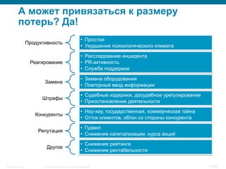 © 2008 Cisco Systems, Inc. All rights reserved.Security Training 72/469
А может привязаться к размеру
потерь? Да!
Продуктивность
•  Простои
•  Ухудшение психологического климата
Реагирование
•  Расследование инцидента
•  PR-активность
•  Служба поддержки
Замена
•  Замена оборудования
•  Повторный ввод информации
Штрафы
•  Судебные издержки, досудебное урегулирование
•  Приостановление деятельности
Конкуренты
•  Ноу-хау, государственная, коммерческая тайна
•  Отток клиентов, обгон со стороны конкурента
Репутация
•  Гудвил
•  Снижение капитализации, курса акций
Другое
•  Снижение рейтинга
•  Снижение рентабельности
 