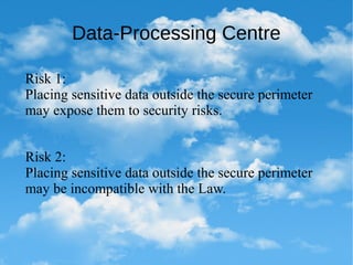 Data-Processing Centre
Risk 1:
Placing sensitive data outside the secure perimeter
may expose them to security risks.
Risk 2:
Placing sensitive data outside the secure perimeter
may be incompatible with the Law.
 