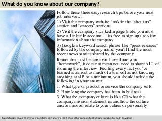 What do you know about our company? 
Follow these three easy research tips before your next 
job interview: 
1) Visit the company website; look in the “about us” 
section and “careers” sections 
2) Visit the company’s LinkedIn page (note, you must 
have a LinkedIn account — its free to sign up) to view 
information about the company 
3) Google a keyword search phrase like “press releases” 
followed by the company name; you’ll find the most 
recent news stories shared by the company 
Remember, just because you have done your 
“homework”, it does not mean you need to share ALL of 
it during the interview! Reciting every fact you’ve 
learned is almost as much of a turn off as not knowing 
anything at all! At a minimum, you should include the 
following in your answer: 
1. What type of product or service the company sells 
2. How long the company has been in business 
3. What the company culture is like OR what the 
company mission statement is, and how the culture 
and/or mission relate to your values or personality 
Top materials: ebook: 75 interview questions with answers, top 7 cover letter samples, top 8 resume samples. Free pdf download 
 