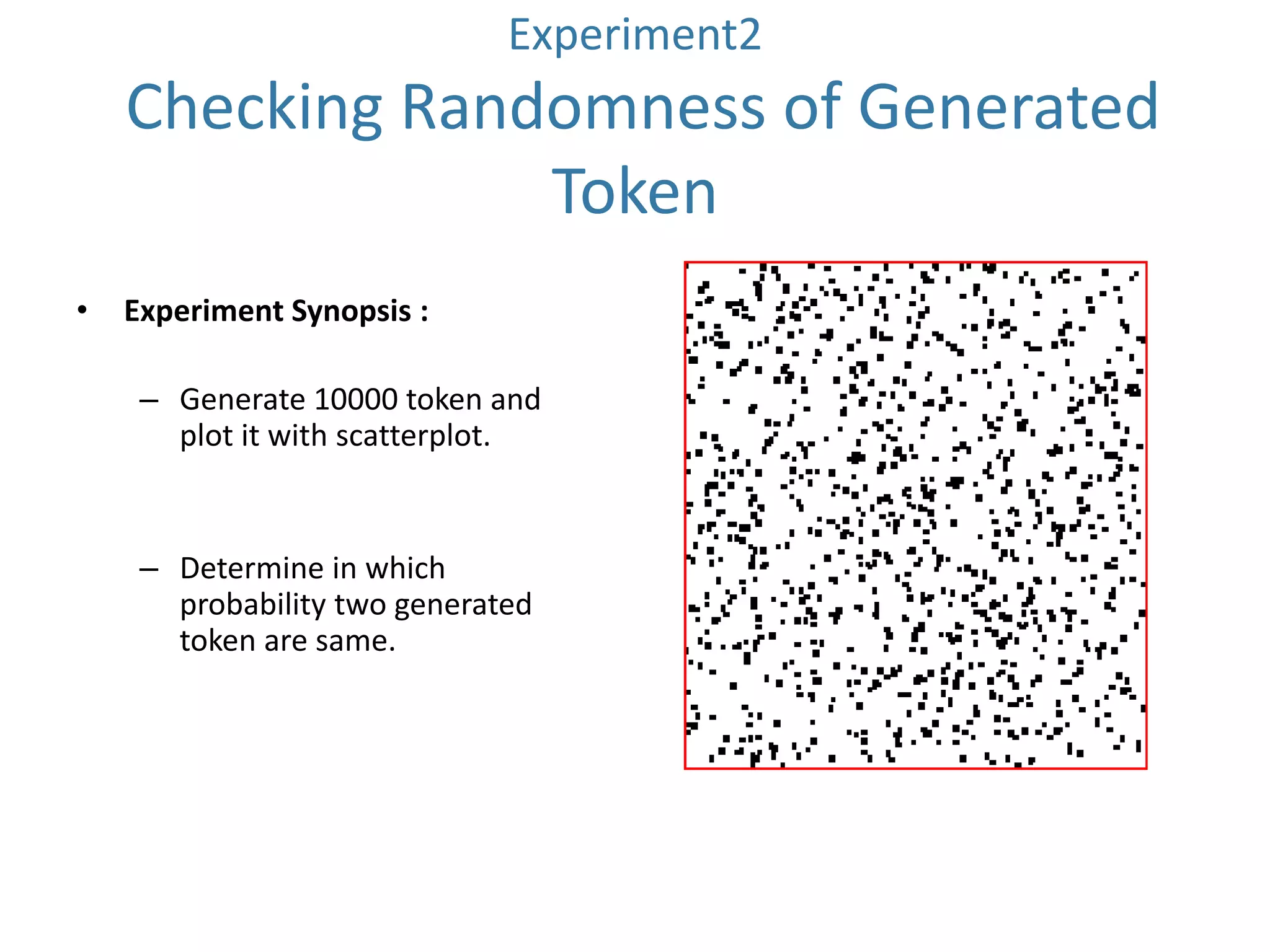 Experiment2

Checking Randomness of Generated
Token
•

Experiment Synopsis :
– Generate 10000 token and
plot it with scatterplot.

– Determine in which
probability two generated
token are same.

 